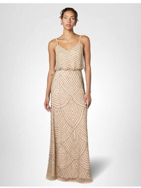 Adrianna Papell Nude Beaded V-Neck Spaghetti Strap Maxi Dress-taupe/pink